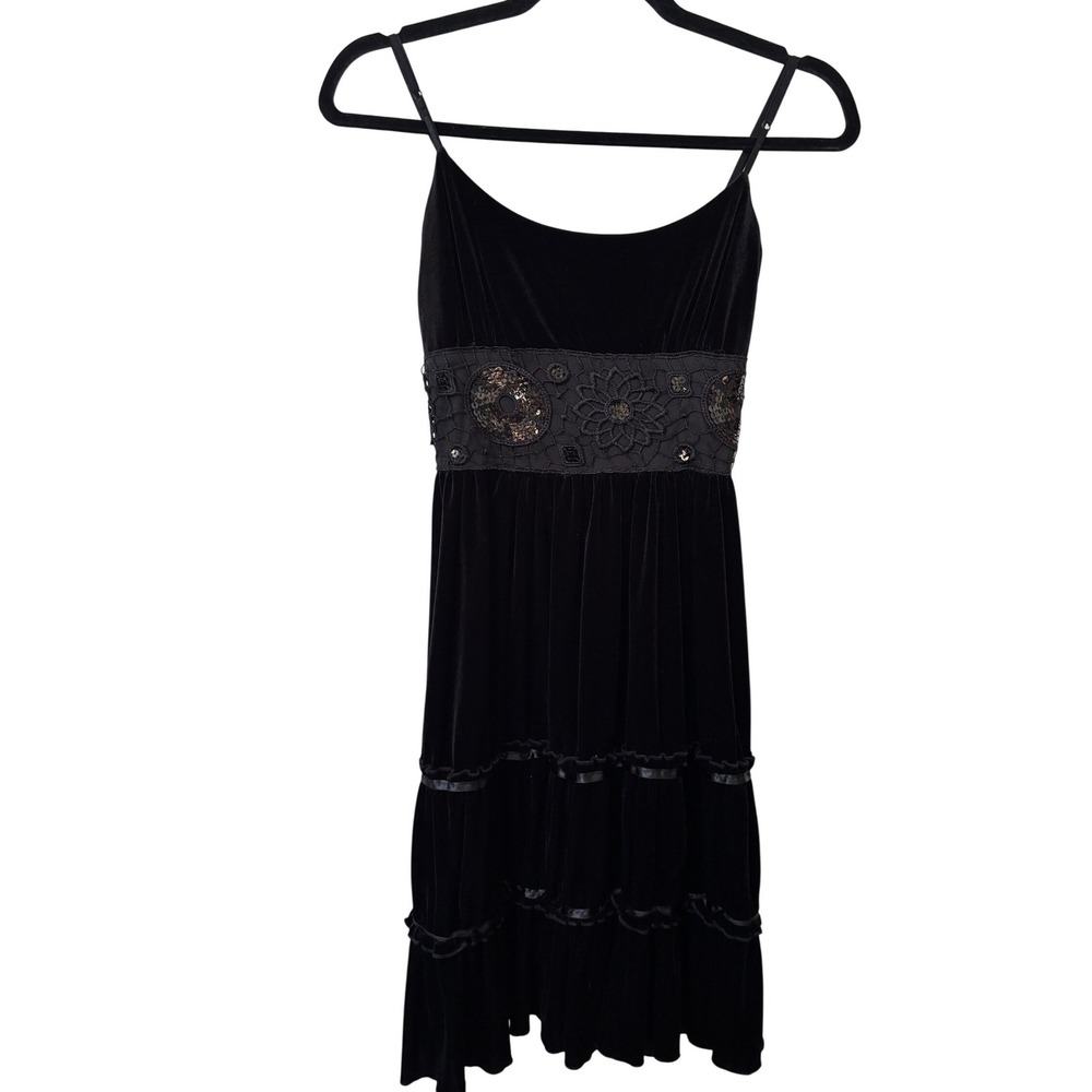 Y2K Costa Blanca Black Velvet Sequin Lace Empire Waist Tiered Ruffle Dress Women